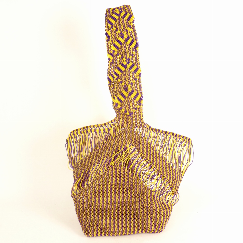 ナイロンマクラメ編みバッグ Vデザイン 1本ハンドル 紫黄 22SS一点 @12000→9600