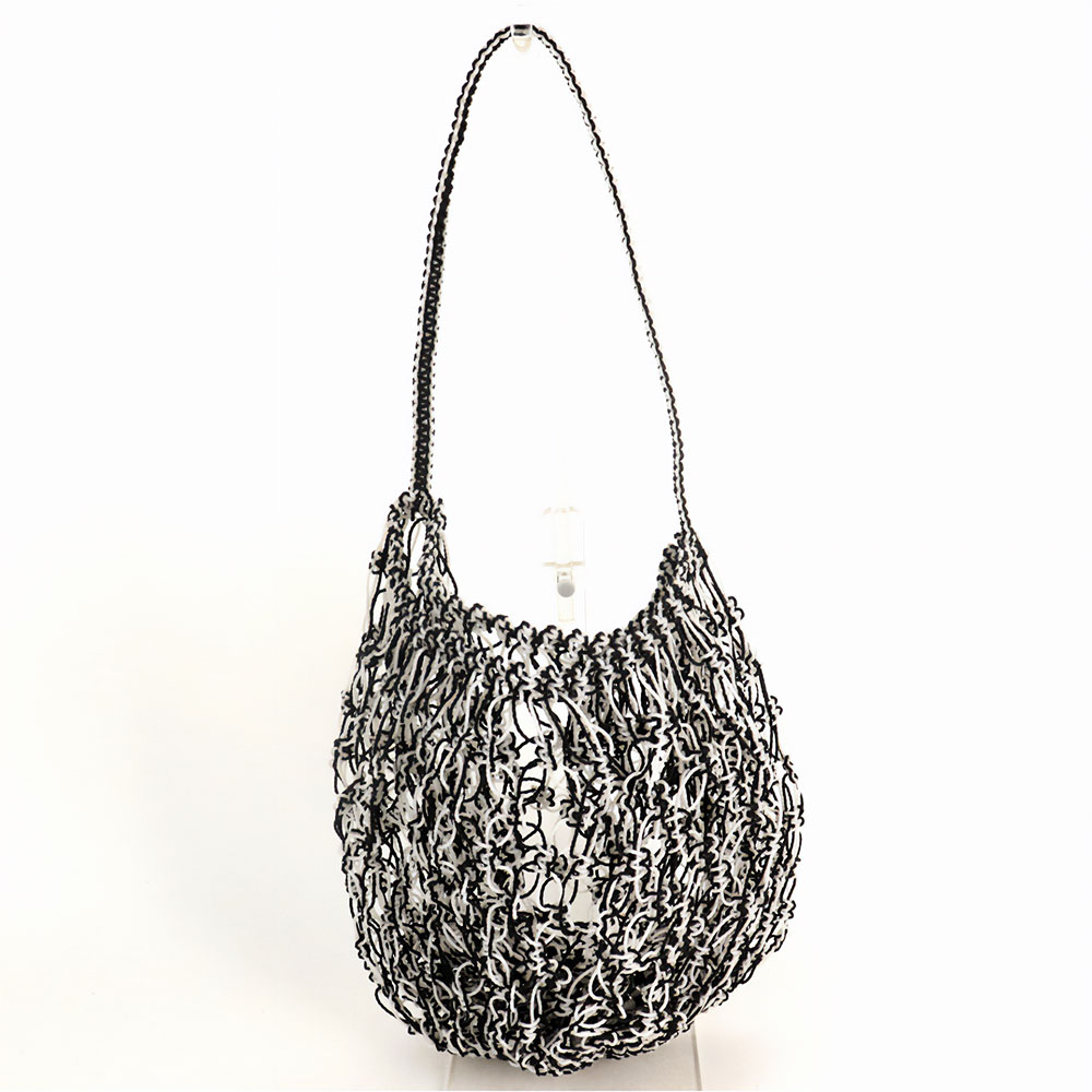 ナイロンマクラメ編みバッグ ぷっくり柔らか透かし 1本ハンドル 白グレー 22SS一点 @8000→6400