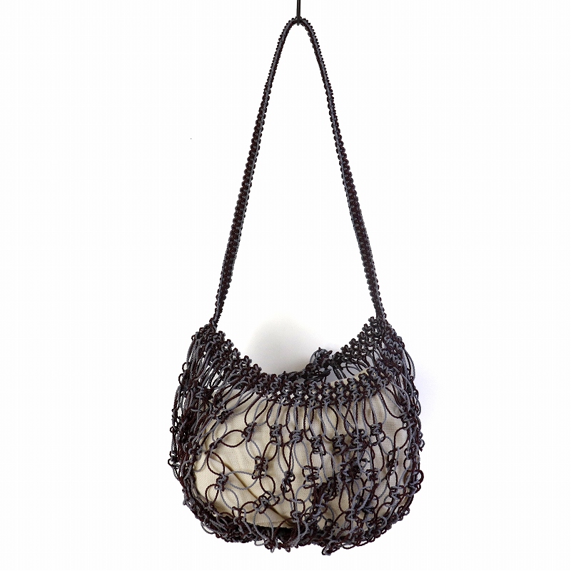 ナイロンマクラメ編みバッグ ぷっくり柔らか透かし 1本ハンドル グレー茶