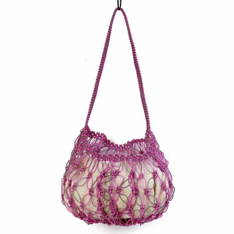 ナイロンマクラメ編みバッグ ぷっくり柔らか透かし 1本ハンドル グレーピンク
