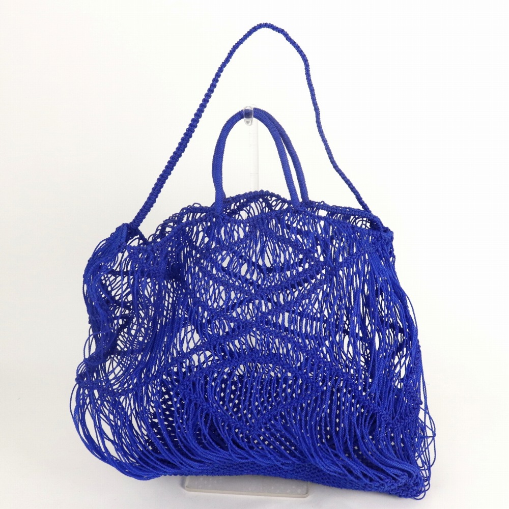 ナイロンマクラメ編みバッグ 四角柔らか透かし 2本ハンドル 1本ショルダー 青 22SS一点 @11500→9200