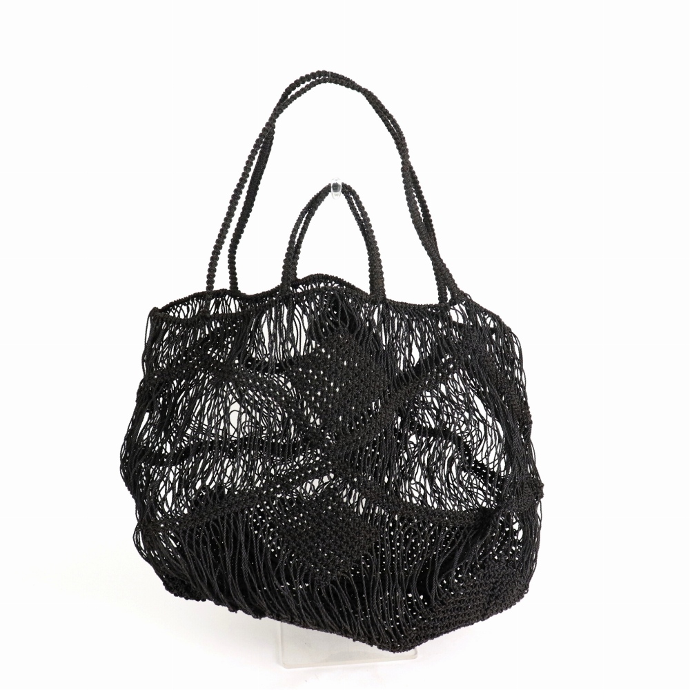 ナイロンマクラメ編みバッグ 四角柔らか透かし 菱形モチーフ 2本ハンドル 1本ショルダー 黒 22SS一点 @11500→9200
