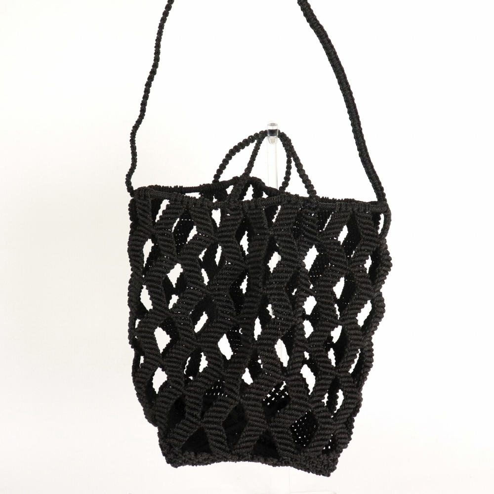 ナイロンマクラメ編みバッグ ジグザグ縦長 2本ハンドル 1本ショルダー 黒 22SS一点 @12000→9600