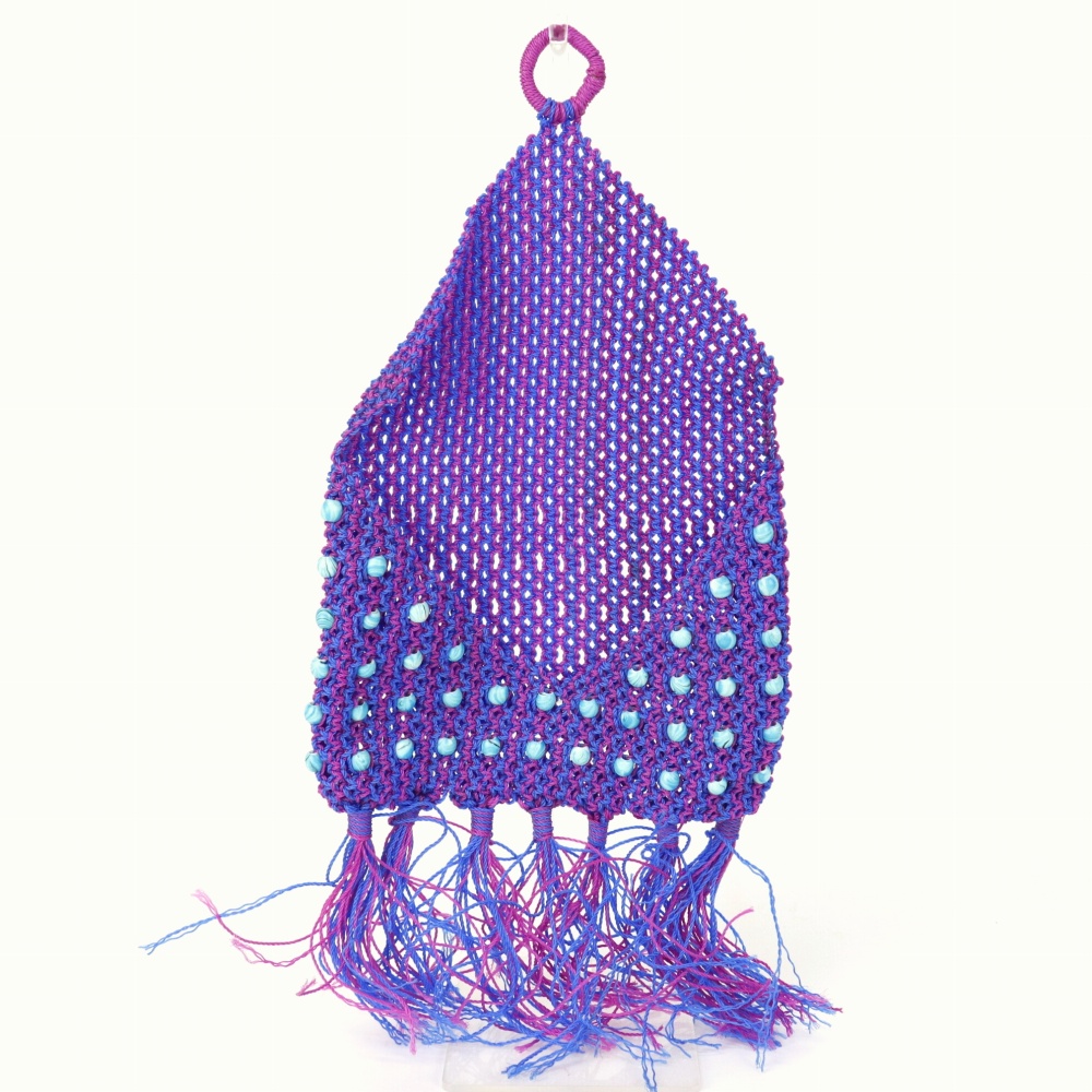 ナイロンマクラメ編み カードホルダー ビーズ装飾 フシア青 23SS一点物 @8500→6800円