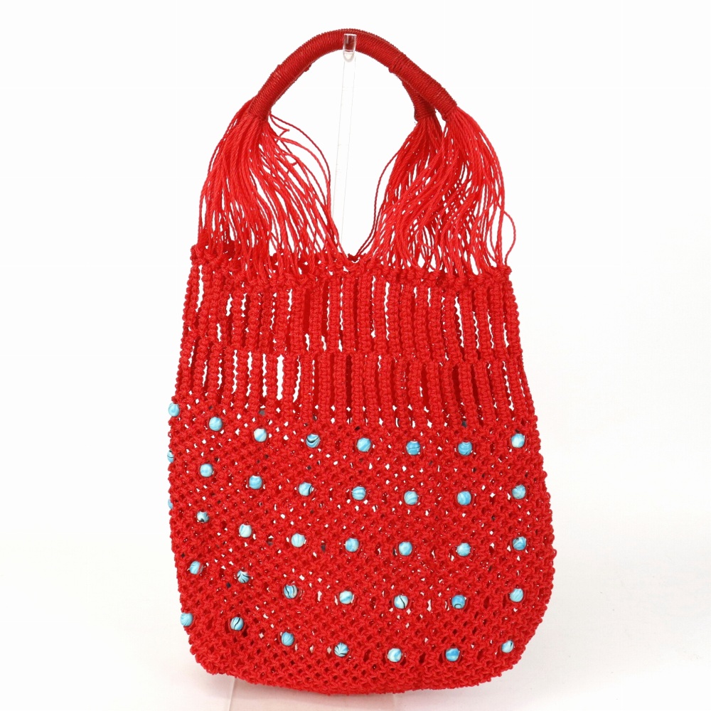 ナイロンマクラメ編みバッグ ビーズ装飾 赤 23SS一点物 @12500→10000円