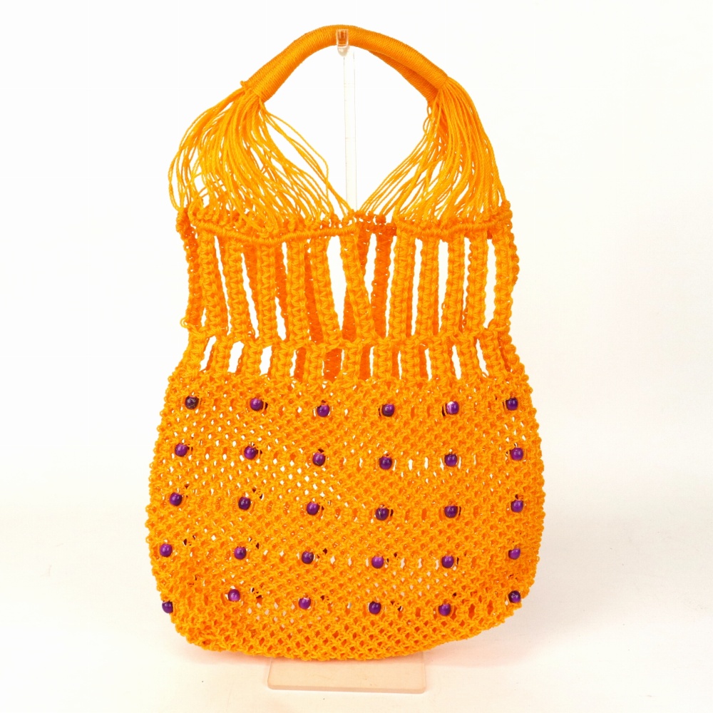 ナイロンマクラメ編みバッグ ビーズ装飾 オレンジ 23SS一点物 @12500→10000円