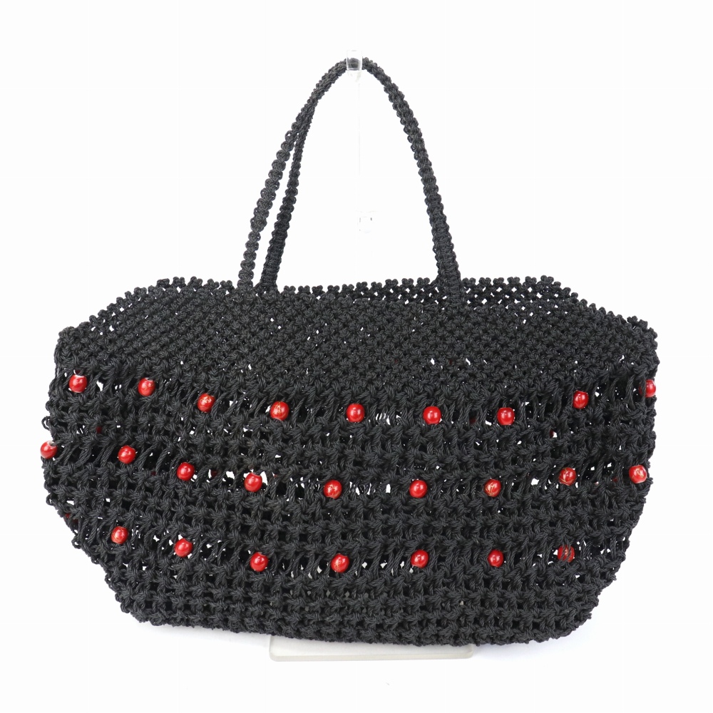 ナイロンマクラメ編みバッグ 横長ぽっこり ビーズ装飾 黒 23SS一点物 @14000→11200円