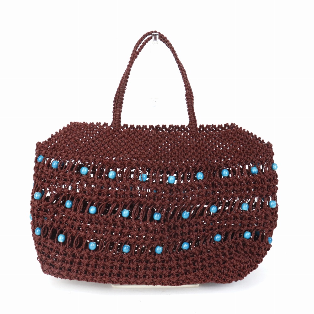ナイロンマクラメ編みバッグ 横長ぽっこり ビーズ装飾 茶 23SS一点物 @14000→11200円