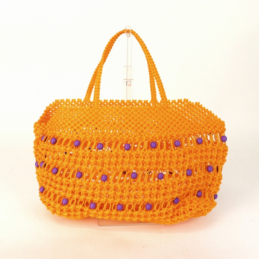 ナイロンマクラメ編みバッグ 横長ぽっこり ビーズ装飾 オレンジ 23SS一点物 @14000→11200円