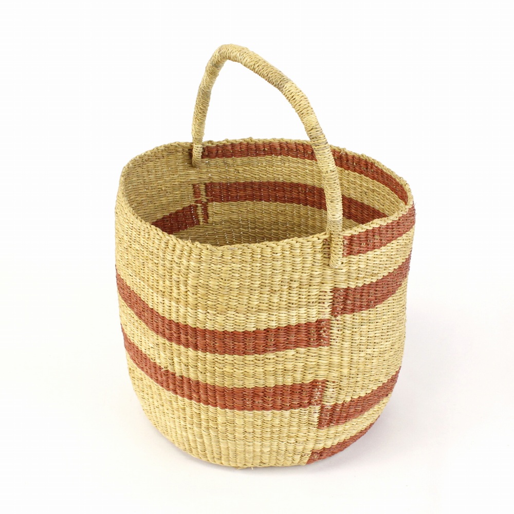 ニアリガバスケット 丸底 段々ストライプ ワンハンドル 大 とうもろこしサーモンピンクナチュラル