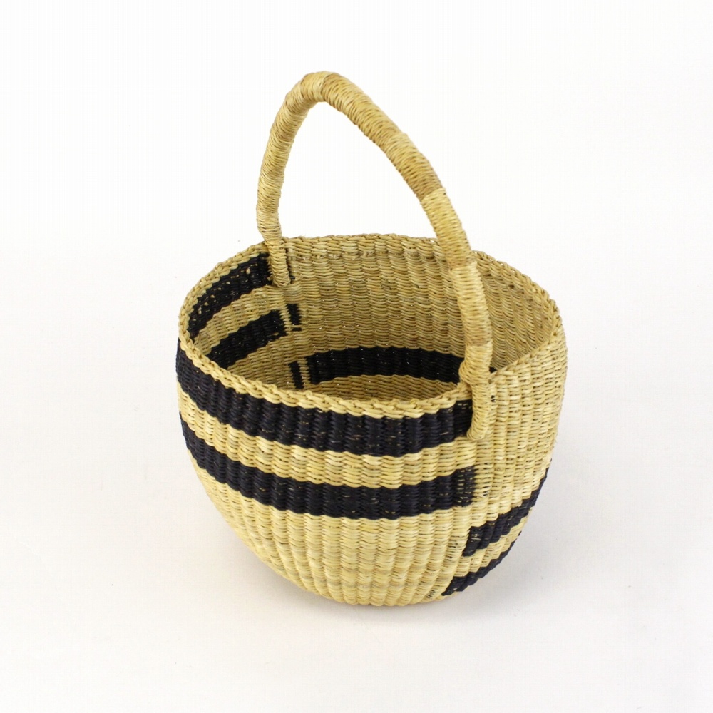 ニアリガバスケット 丸底 段々ストライプ ワンハンドル 小 黒ナチュラル