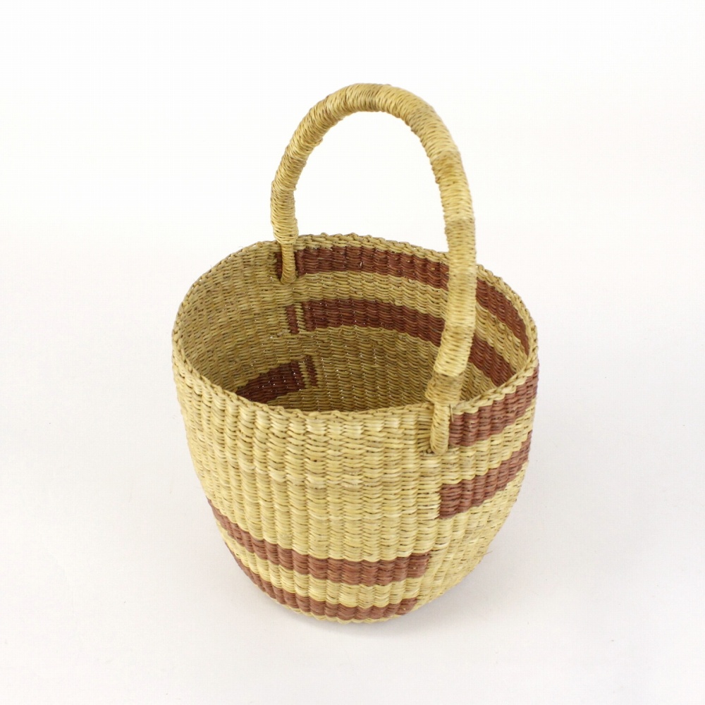 ニアリガバスケット 丸底 段々ストライプ ワンハンドル 小 とうもろこしサーモンナチュラル