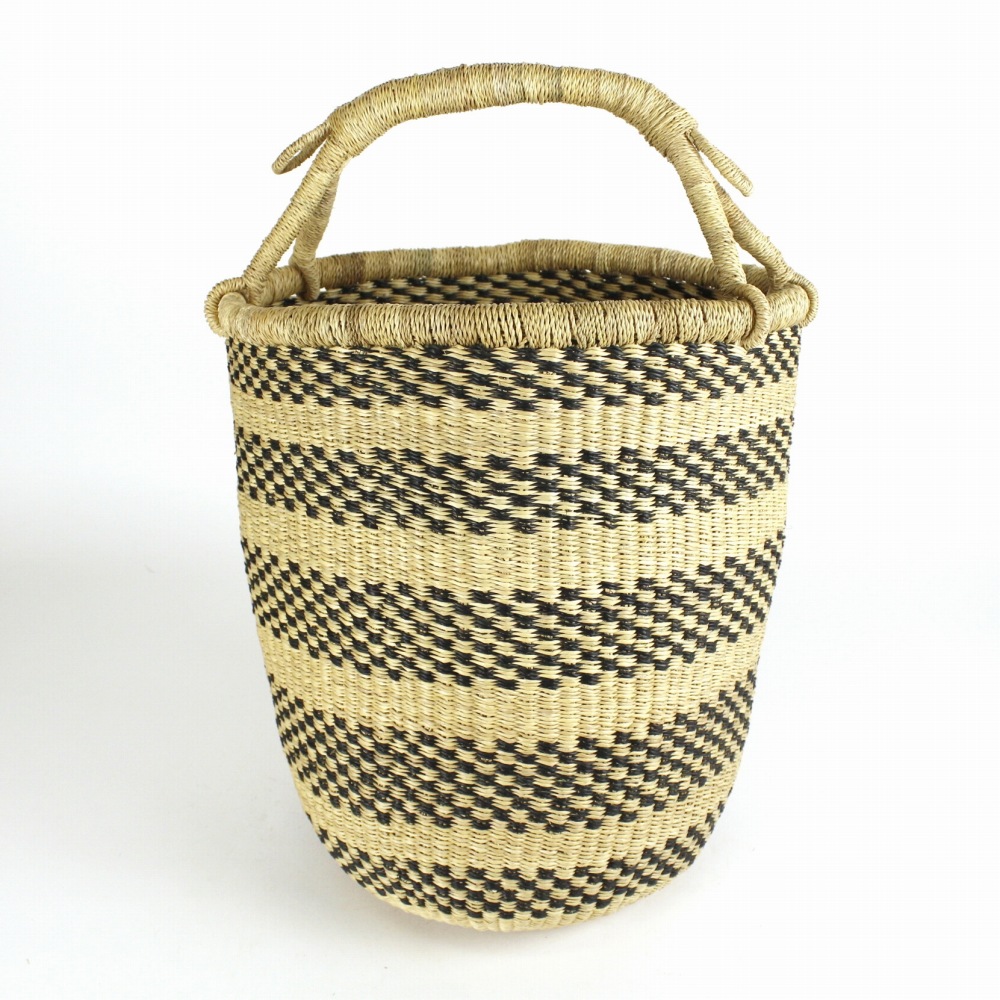 ボルガバスケット ぷっくり縦長カゴ ワンハンドル 大 ナチュラル黒ドットストライプ