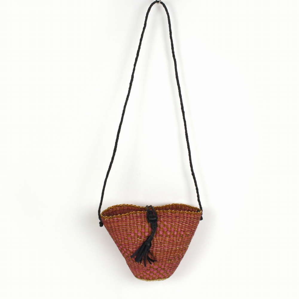 ボルガバスケット 縦長ポシェット 革ショルダー 三角チェック柄 茶ピンク 24SS一点物 @7000→5600