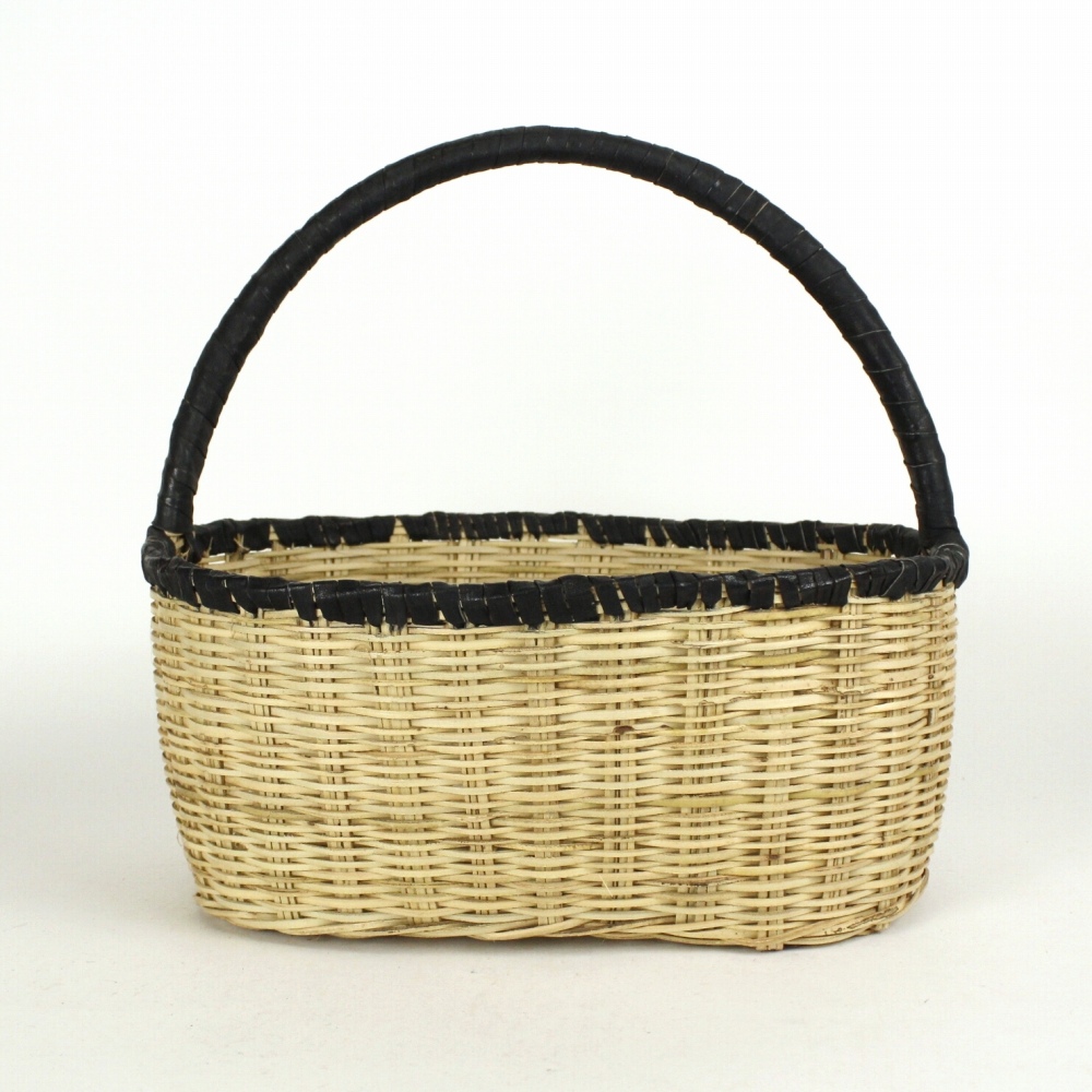 葦バスケット 楕円 革ハンドル 黒