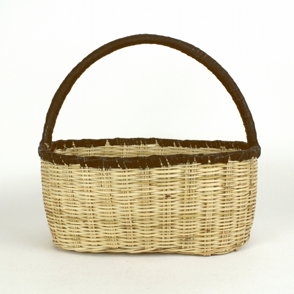 葦バスケット 楕円 革ハンドル 茶