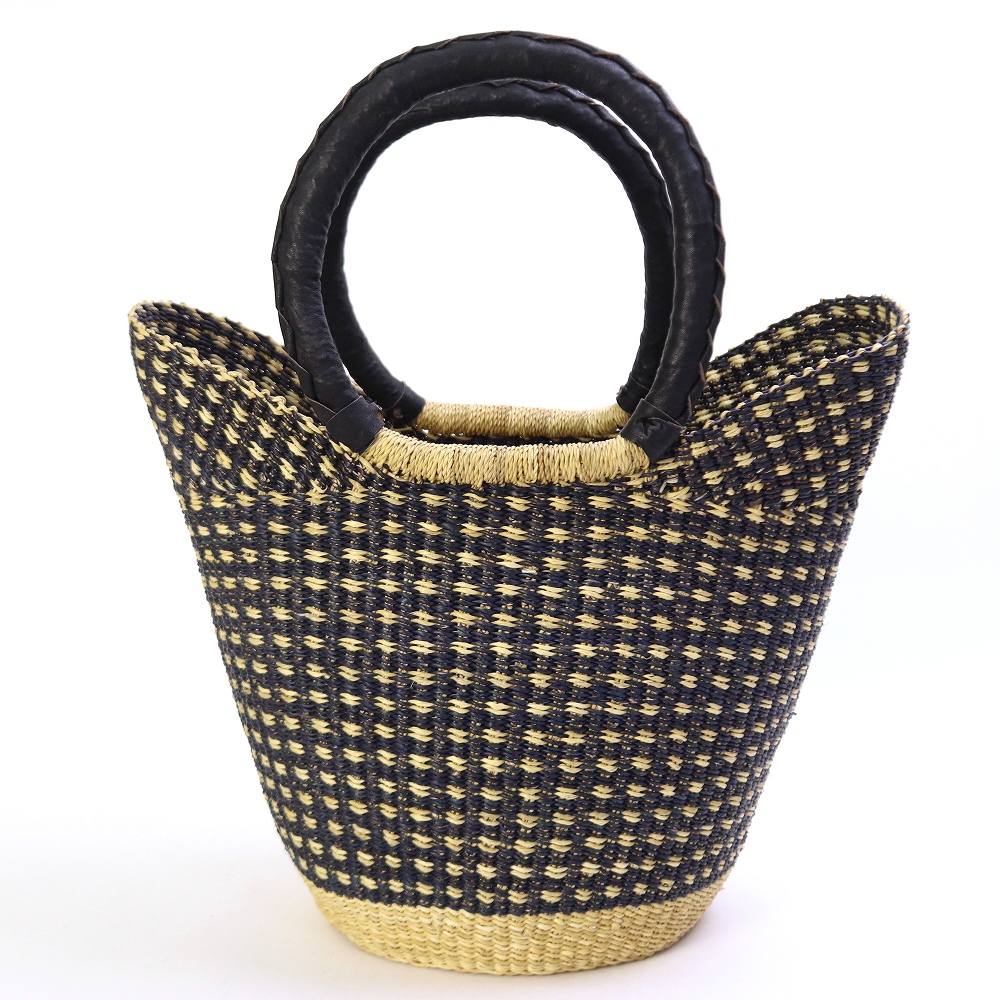 ニャリガバスケット ニケフォルム チェック柄 大 ナチュラル黒 黒革ハンドル