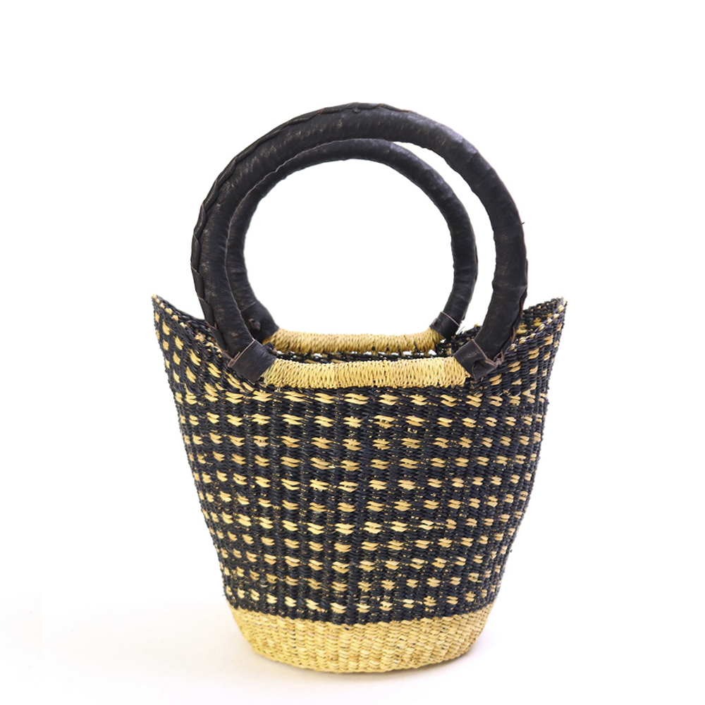 ニャリガバスケット ニケフォルム チェック柄 小 ナチュラル黒 黒革ハンドル