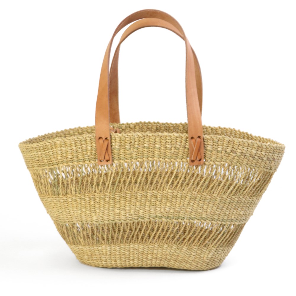 ニャリガバスケット 楕円底 2本透かし 平革ハンドル革留茶