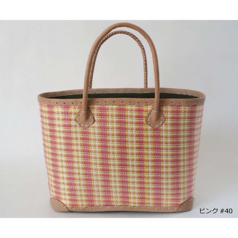 プラスチック砂糖シートかごバッグ 革ハンドル  内アラボラ ピンク