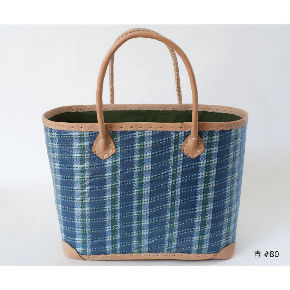 プラスチック砂糖シートかごバッグ 革ハンドル  内アラボラ 青