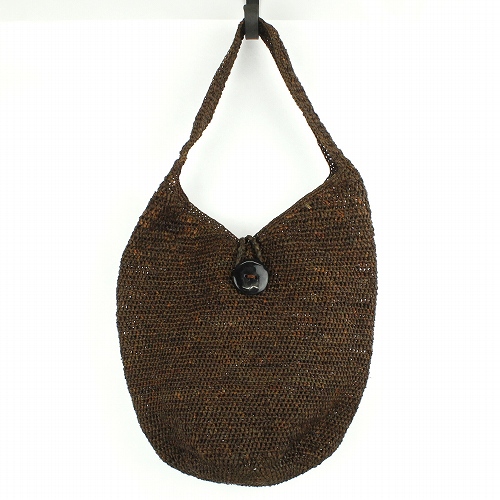 ラフィアカギ編みバッグ  牛角ボタン HANITRA こげ茶