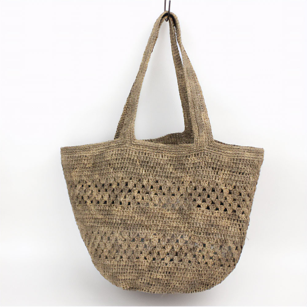 ラフィアかぎ編みトートバッグ バケツ型 チェッカーアジュレ ベージュ