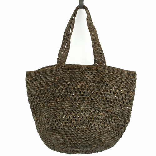 ラフィアかぎ編みトートバッグ バケツ型 チェッカーアジュレ 焦げ茶