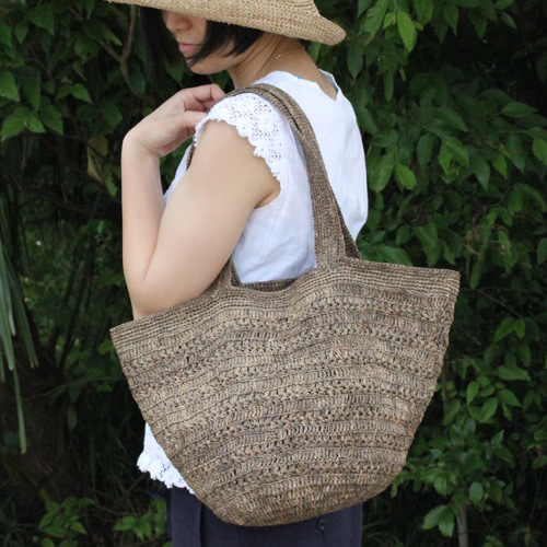 ラフィアかぎ編みトートバッグ 星編み グレー