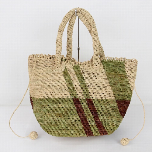 【10%OFF】ラフィアかぎ編みトート ポンポン格子ナチュラルxオリーブ ￥8000→7200