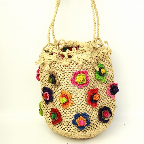 【SALE】ラフィアお花パッチワーク巾着 ナチュラル @6000→4200