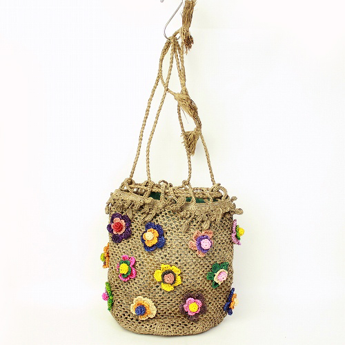 【SALE】ラフィアお花パッチワーク巾着 グレー @6000→4200