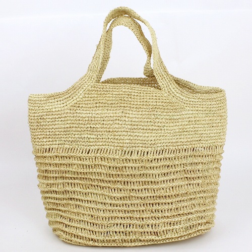 ラフィア編みバッグ 続きハンドル ストライプ編み ナチュラル