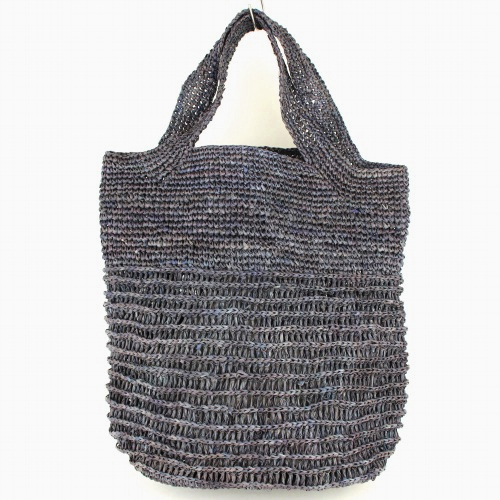 ラフィア編みバッグ 続きハンドル ストライプ編み インディゴ