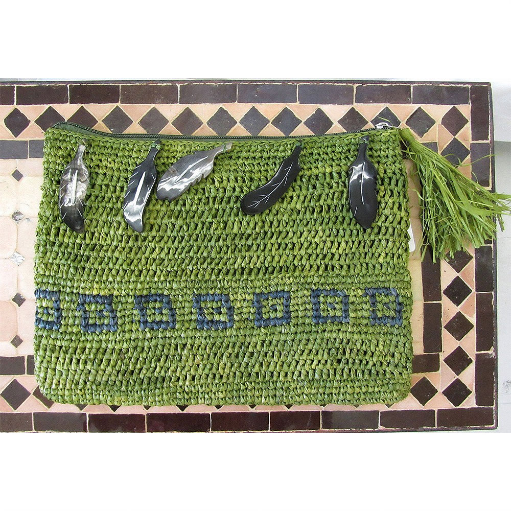 ラフィアかぎ編みポーチ牛角ボタン 黄緑 SS一点物 @6200→4960円