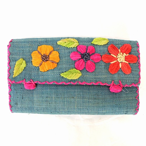 ラフィアラバンお花 平ポーチ ターコイズ