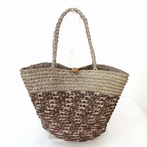 ラフィアブレードバッグ 筒型 こげ茶xグレー