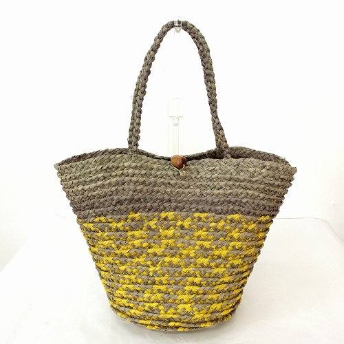 ラフィアブレードバッグ 筒型 レモンxグレー