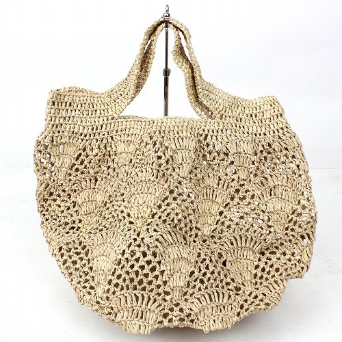 ラフィアかぎ編みバッグ パイナップル編み四角底 ナチュラル