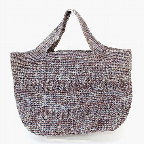 ラフィアかぎ編みバッグ 変わり編み 2本ライン 青系