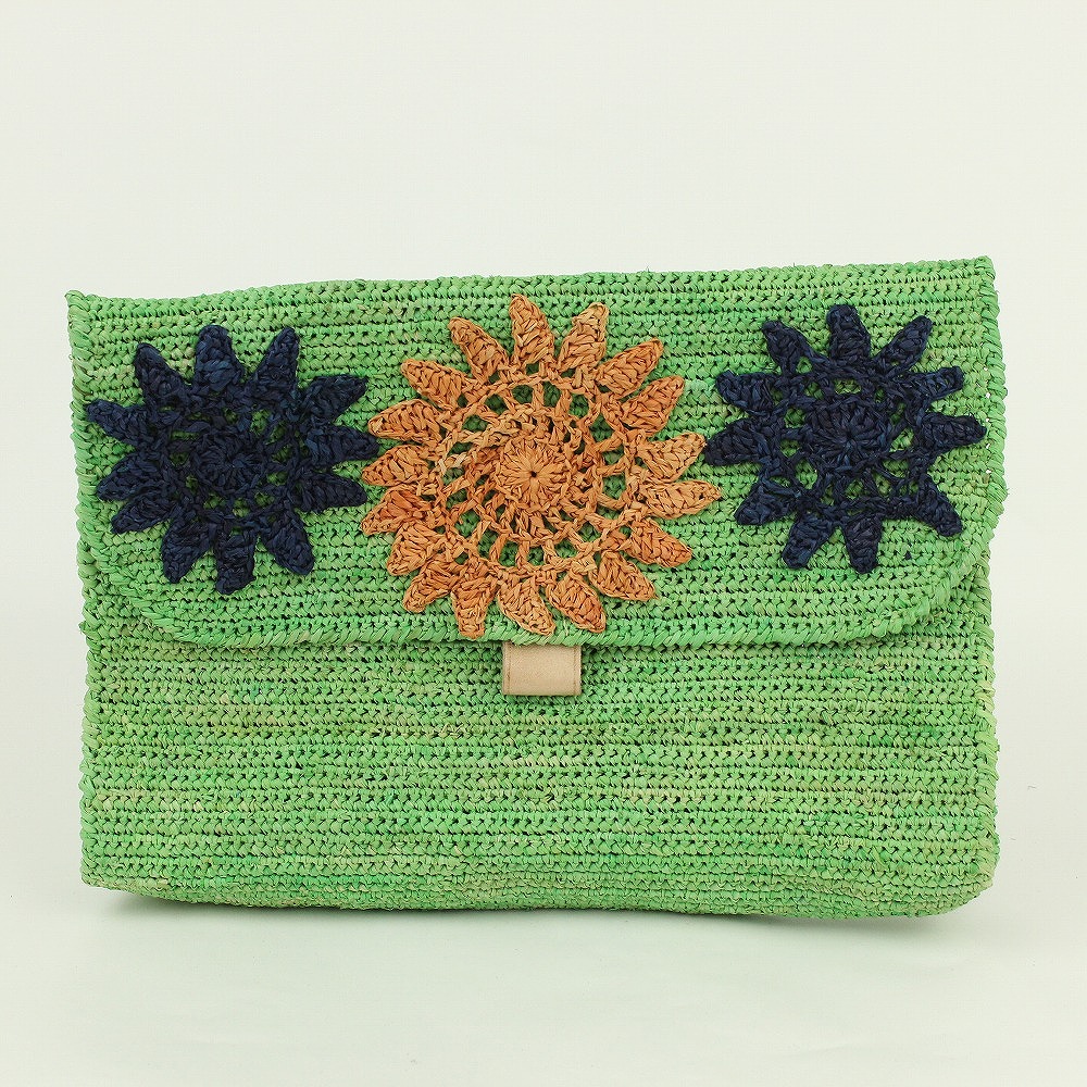 ラフィアかぎ編みポーチお花 緑 SS一点物 @8300→6640円