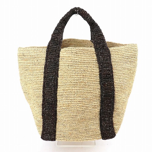 ラフィアかぎ編みバッグ 正方形トート 黒x持ち手ナチュラル
