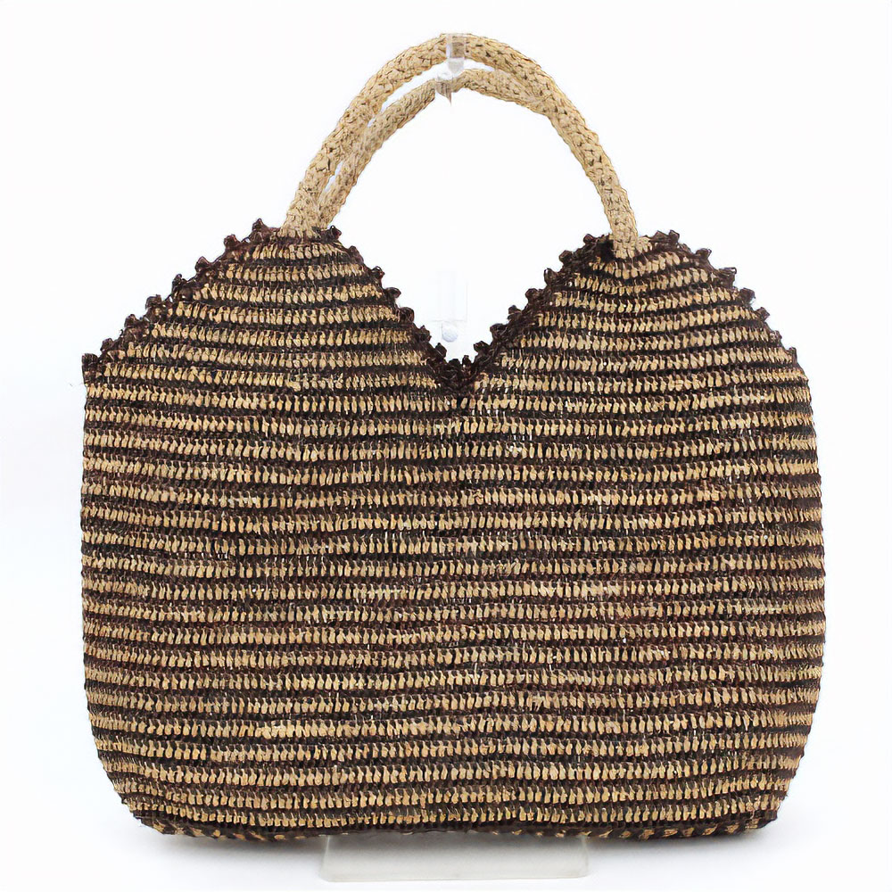 【SALE】ラフィアカギ編みバッグ 細ボーダー 焦げ茶紅茶 @8100→5600