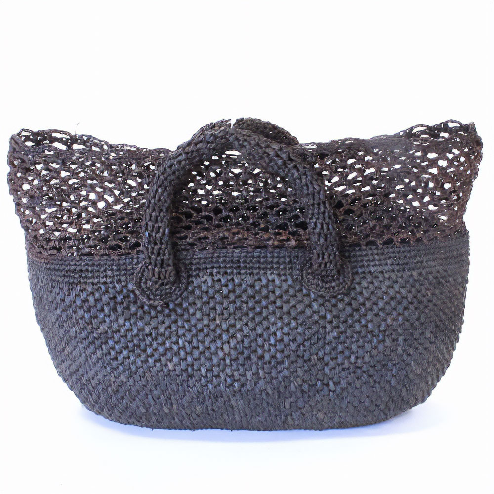 ラフィアかぎ編みバッグ 横長かぶせ透かし付き 黒