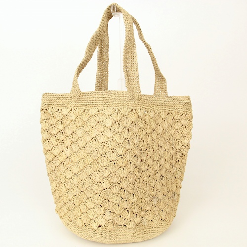 ラフィアかぎ編みバッグ 貝殻編み丸底