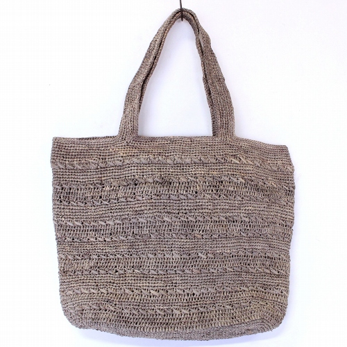 ラフィアかぎ編みバッグ 細編みX中長編みボーダー　紅茶グレー
