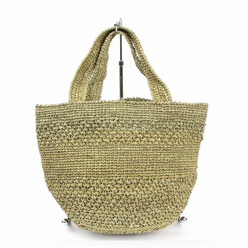 ラフィアかぎ編みバッグ 草木染真ん中ボーダーミニ 草ディンガディンガ緑