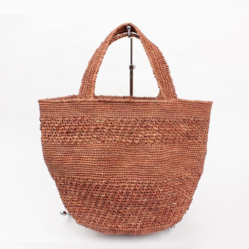 ラフィアかぎ編みバッグ 草木染真ん中ボーダーミニ ローズウッド赤