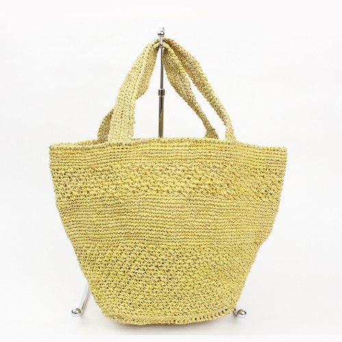 ラフィアかぎ編みバッグ 草木染真ん中ボーダーミニ 草アチチナ黄