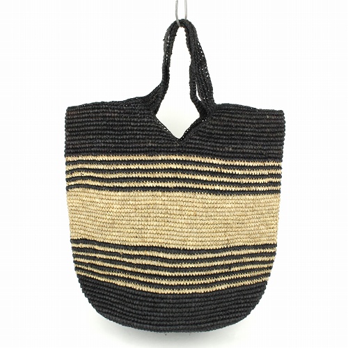 ラフィアかぎ編みバッグ 細ボーダーV型縁